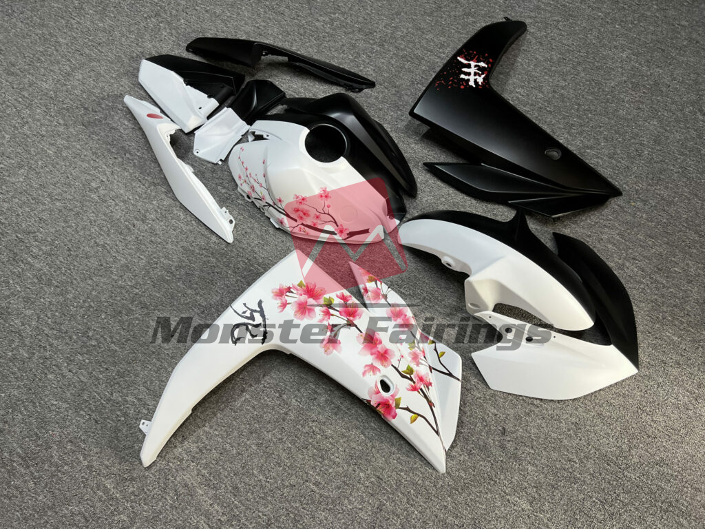 Matte Black & White Cherry Blossom Split ABS fairings for Yamaha R3 2014 - 2018 - premium OEM fit kit by Monster Fairings