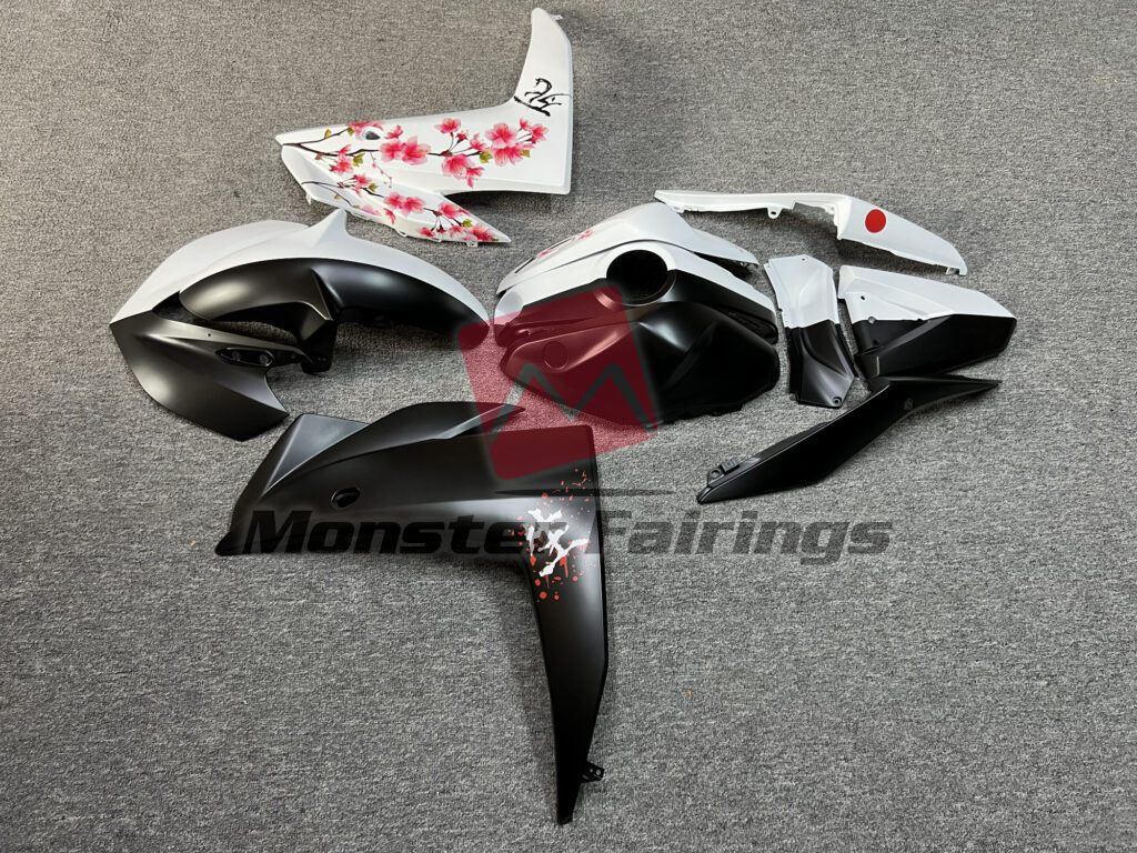 2014 - 2018 Yamaha R3 Matte Black & White Cherry Blossom Split fairing set - ABS injection, custom painted by Monster Fairings
