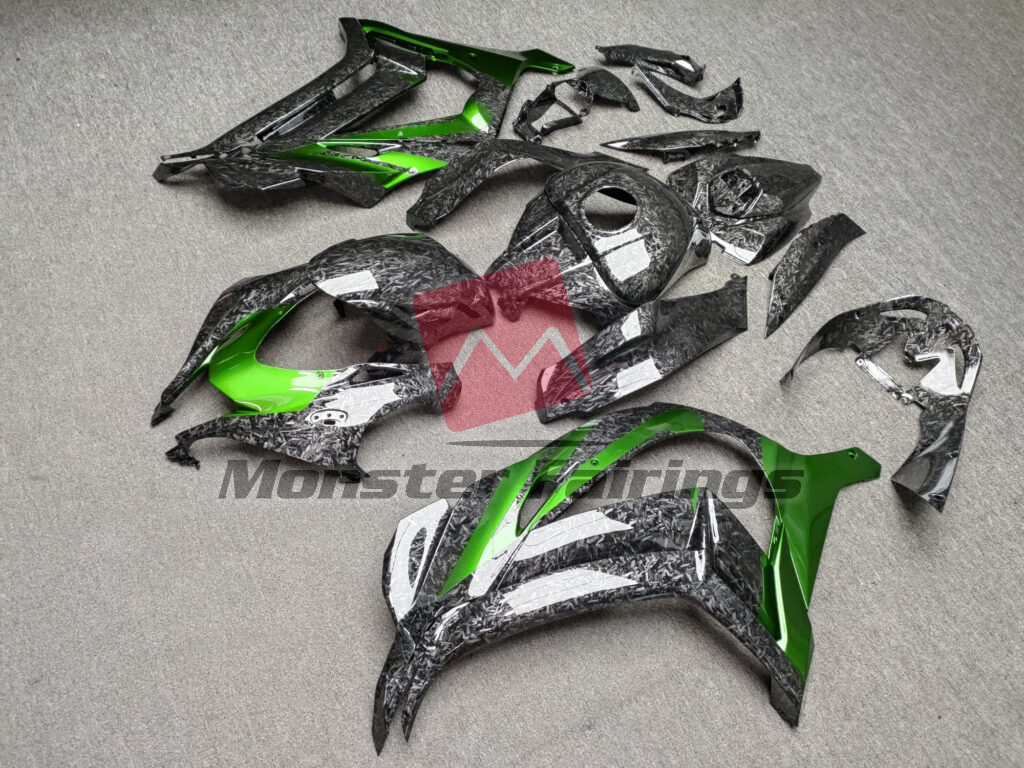 2016 - 2020 Kawasaki ZX10R Gloss Forged Carbon Fiber Style With Green fairing set - ABS injection, custom painted by Monster Fairings
