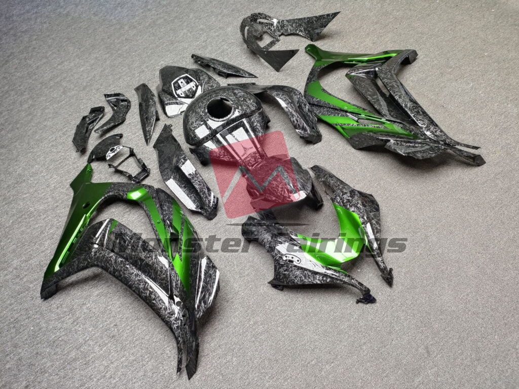 Kawasaki ZX10R custom ABS fairings 2016 - 2020 in Gloss Forged Carbon Fiber Style With Green - durable replacement kit, Monster Fairings