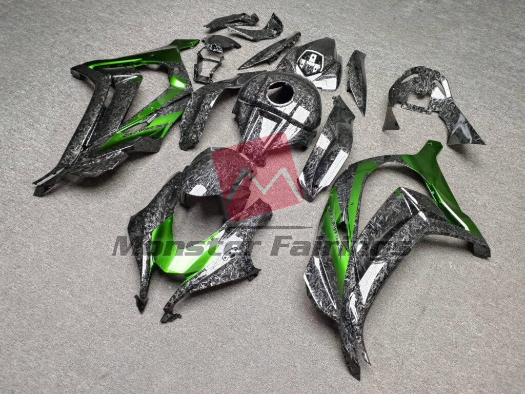 Gloss Forged Carbon Fiber Style With Green ABS fairings for Kawasaki ZX10R 2016 - 2020 - premium OEM fit kit by Monster Fairings