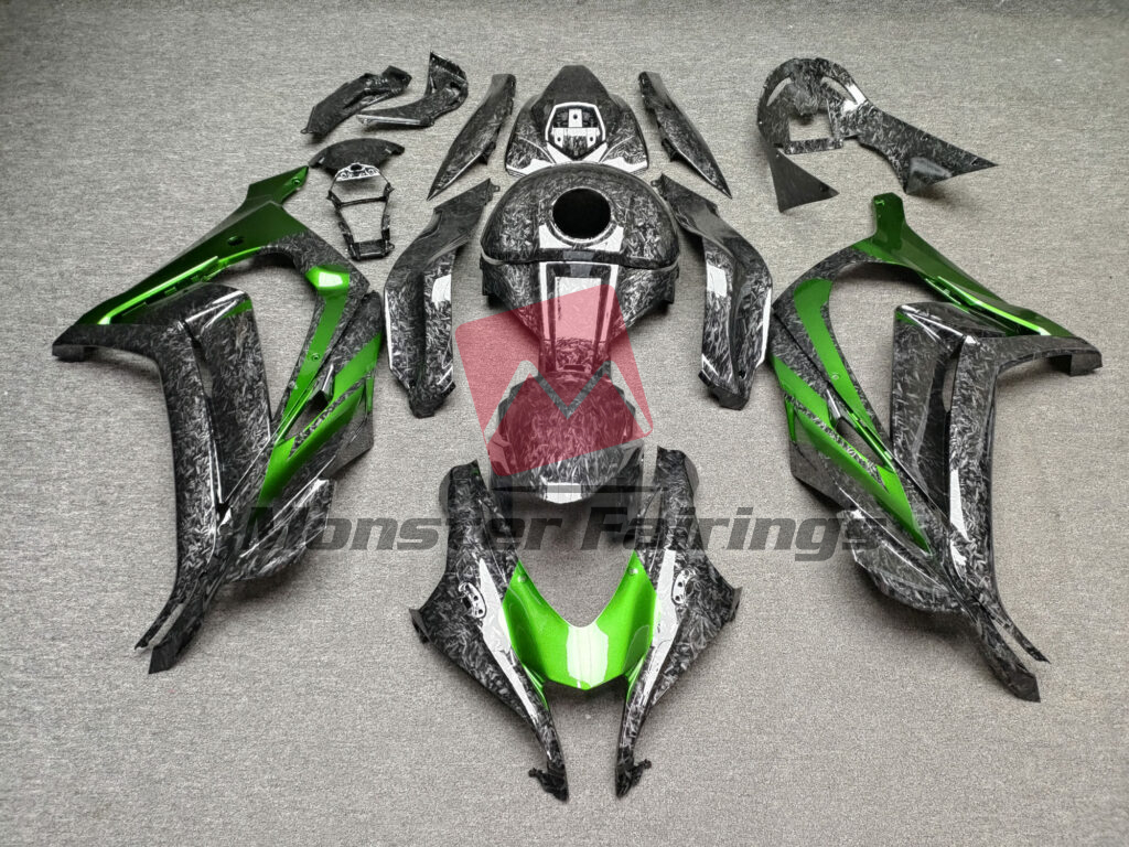 Kawasaki ZX10R 2016 - 2020 Gloss Forged Carbon Fiber Style With Green ABS fairings - custom motorcycle bodywork kit by Monster Fairings
