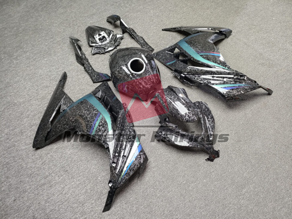Kawasaki Ninja 300 custom ABS fairings 2013 - 2022 in Gloss Forged Carbon Fiber Style With Chameleon Green & Purple - durable replacement kit, Monster Fairings