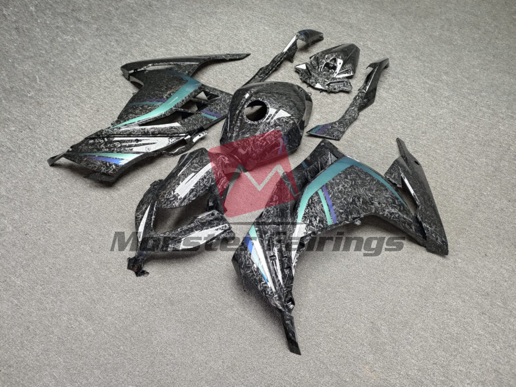 Gloss Forged Carbon Fiber Style With Chameleon Green & Purple ABS fairings for Kawasaki Ninja 300 2013 - 2022 - premium OEM fit kit by Monster Fairings