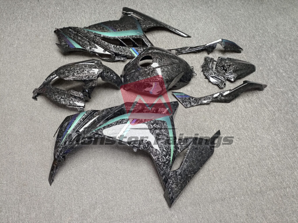 2013 - 2022 Kawasaki Ninja 300 Gloss Forged Carbon Fiber Style With Chameleon Green & Purple fairing set - ABS injection, custom painted by Monster Fairings
