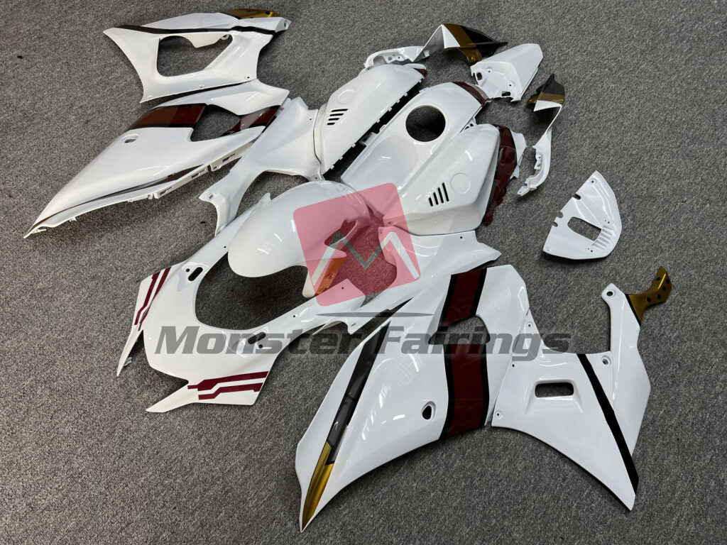 Yamaha R7 custom ABS fairings 2021 - 2025 in Gloss White With Black & Maroon - durable replacement kit, Monster Fairings