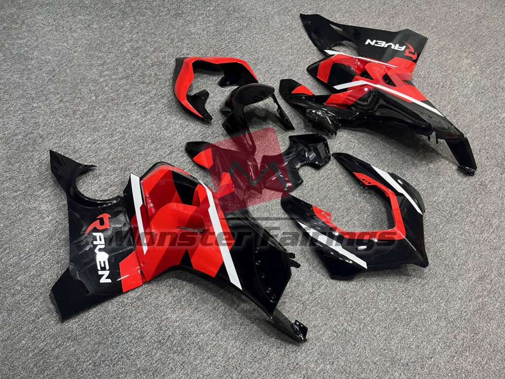 2020 - 2021 Ducati Panigale V4/V4S Gloss Black & Red With White fairing set - ABS injection, custom painted by Monster Fairings