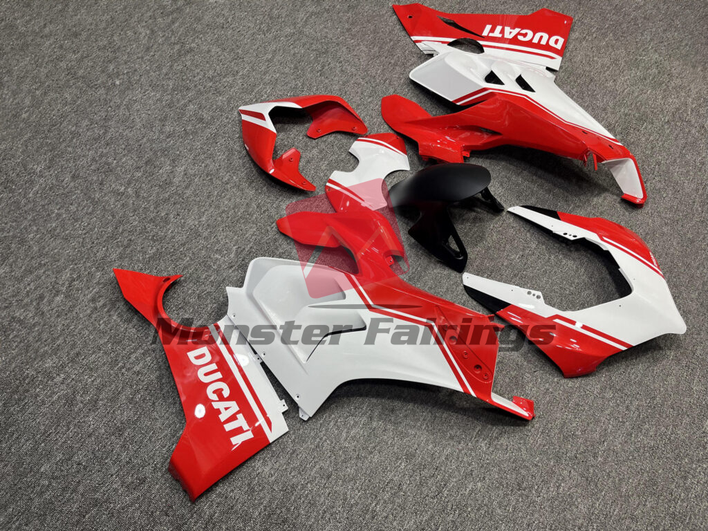 2020 - 2021 Ducati Panigale V4/V4S Gloss Red & White fairing set - ABS injection, custom painted by Monster Fairings