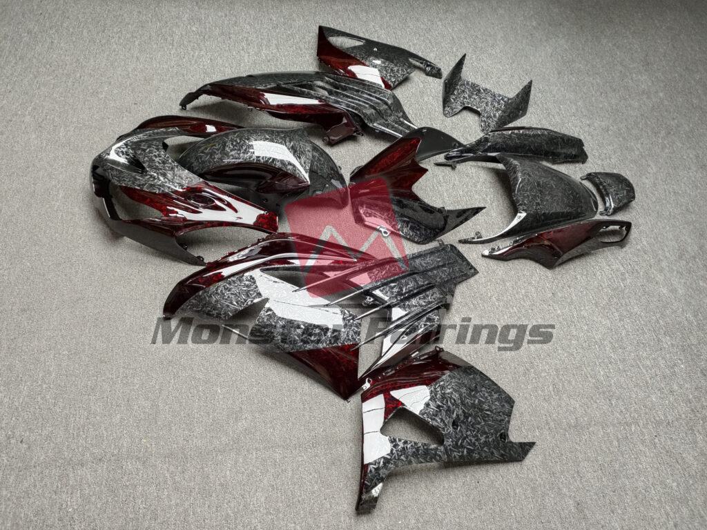 2012 - 2024 Kawasaki ZX14R Gloss Black With Red Forged Carbon Fiber Style fairing set - ABS injection, custom painted by Monster Fairings