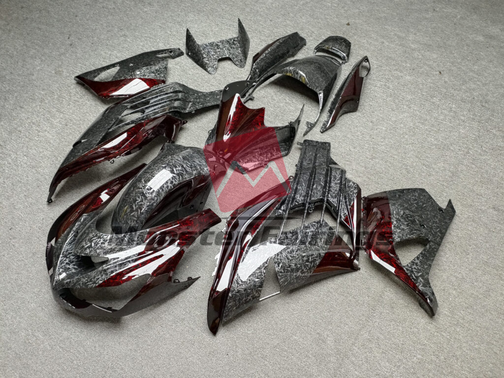 Kawasaki ZX14R custom ABS fairings 2012 - 2024 in Gloss Black With Red Forged Carbon Fiber Style - durable replacement kit, Monster Fairings