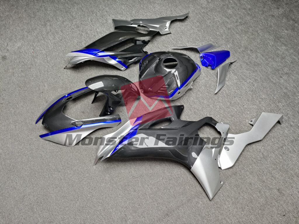Monster Fairings ABS fairing kit for Yamaha R6 2017 - 2022 - Gloss Carbon Fiber Style With Silver & Blue, precise OEM fit