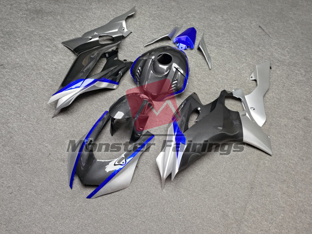 Yamaha R6 custom ABS fairings 2017 - 2022 in Gloss Carbon Fiber Style With Silver & Blue - durable replacement kit, Monster Fairings