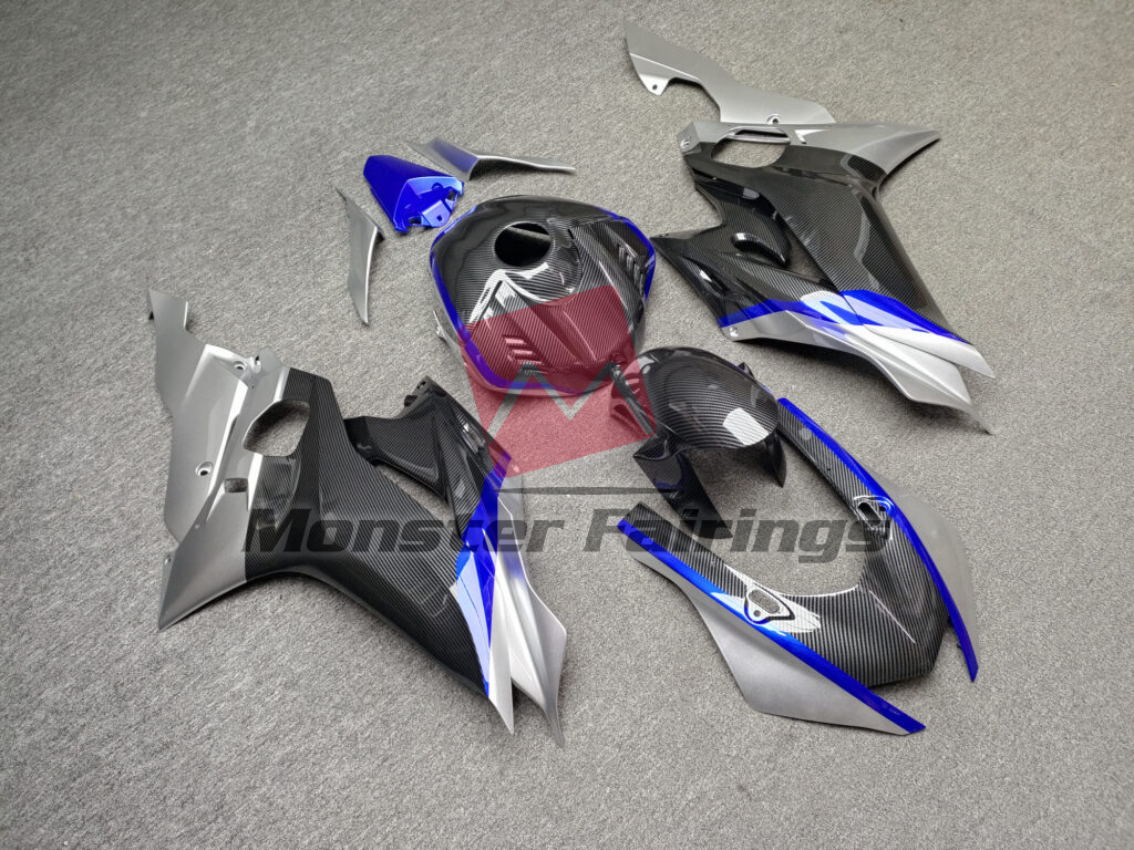 2017 - 2022 Yamaha R6 Gloss Carbon Fiber Style With Silver & Blue fairing set - ABS injection, custom painted by Monster Fairings