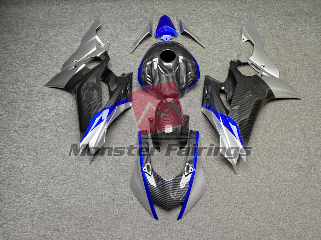Yamaha R6 2017 - 2022 Gloss Carbon Fiber Style With Silver & Blue ABS fairings - custom motorcycle bodywork kit by Monster Fairings