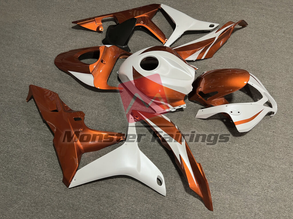 Honda CBR600RR custom ABS fairings 2007 - 2008 in Gloss Burnt Orange & Matte Metallic White - durable replacement kit, Monster Fairings