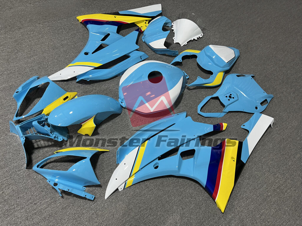 Yamaha R6 custom ABS fairings 2006 - 2007 in Gloss Light Blue With White & Yellow - durable replacement kit, Monster Fairings