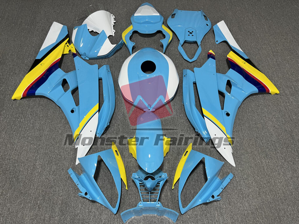 Yamaha R6 2006 - 2007 Gloss Light Blue With White & Yellow ABS fairings - custom motorcycle bodywork kit by Monster Fairings
