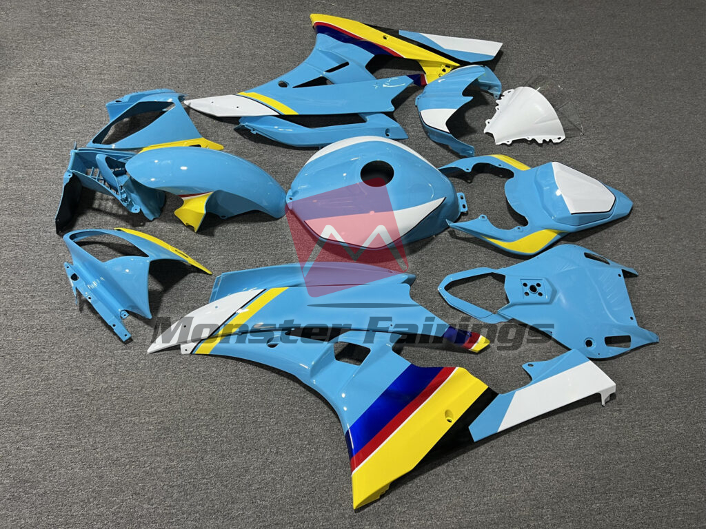 2006 - 2007 Yamaha R6 Gloss Light Blue With White & Yellow fairing set - ABS injection, custom painted by Monster Fairings