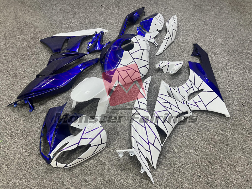 Kawasaki ZX6R custom ABS fairings 2009 - 2012 in Gloss White & Blue With Purple Line Pattern Split - durable replacement kit, Monster Fairings