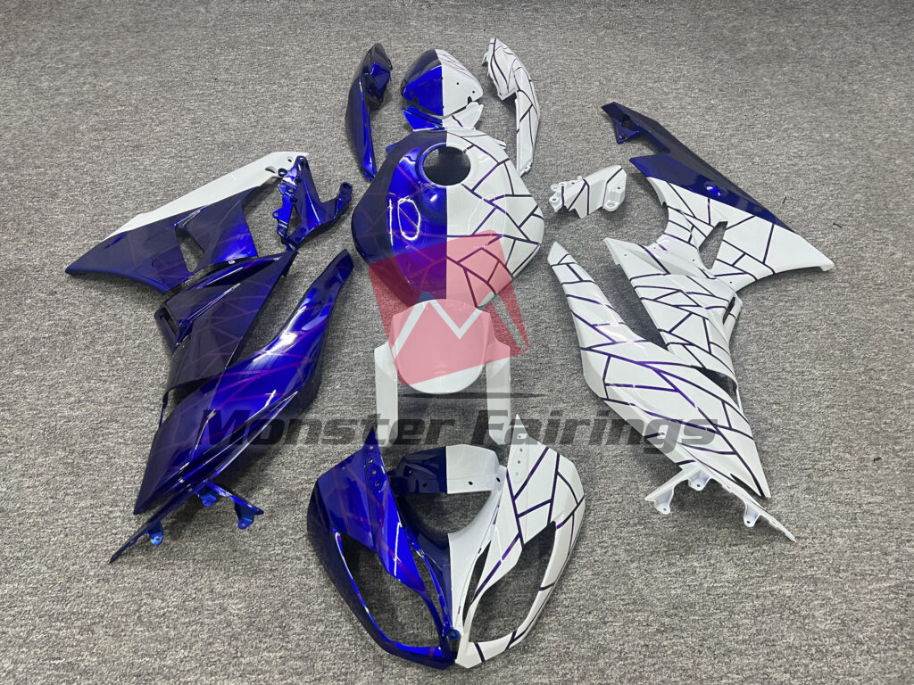 Kawasaki ZX6R 2009 - 2012 Gloss White & Blue With Purple Line Pattern Split ABS fairings - custom motorcycle bodywork kit by Monster Fairings