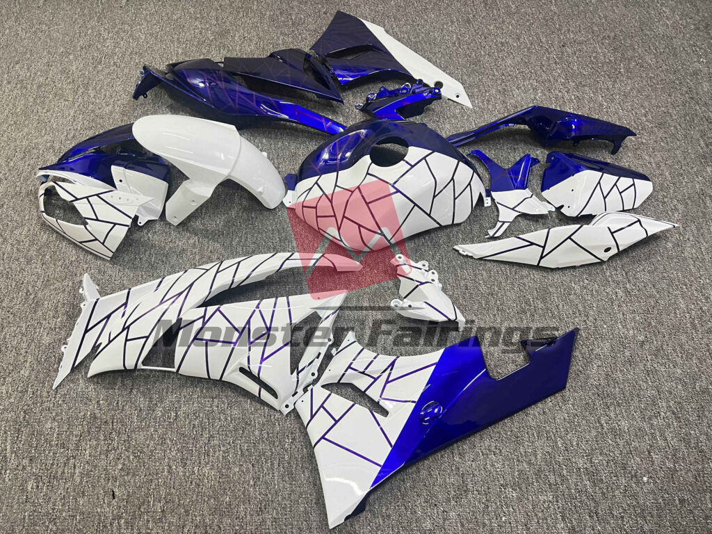 2009 - 2012 Kawasaki ZX6R Gloss White & Blue With Purple Line Pattern Split fairing set - ABS injection, custom painted by Monster Fairings