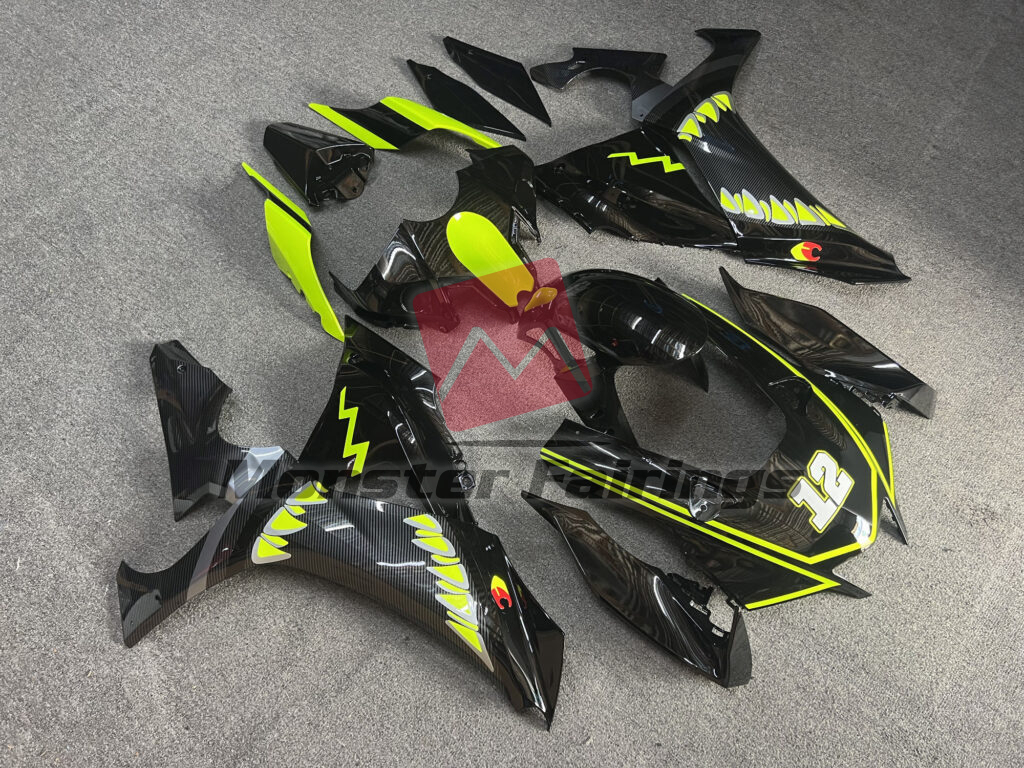 2020 - 2025 Yamaha R1 Gloss Black & High Vis Yellow With Carbon Fiber Style Shark fairing set - ABS injection, custom painted by Monster Fairings