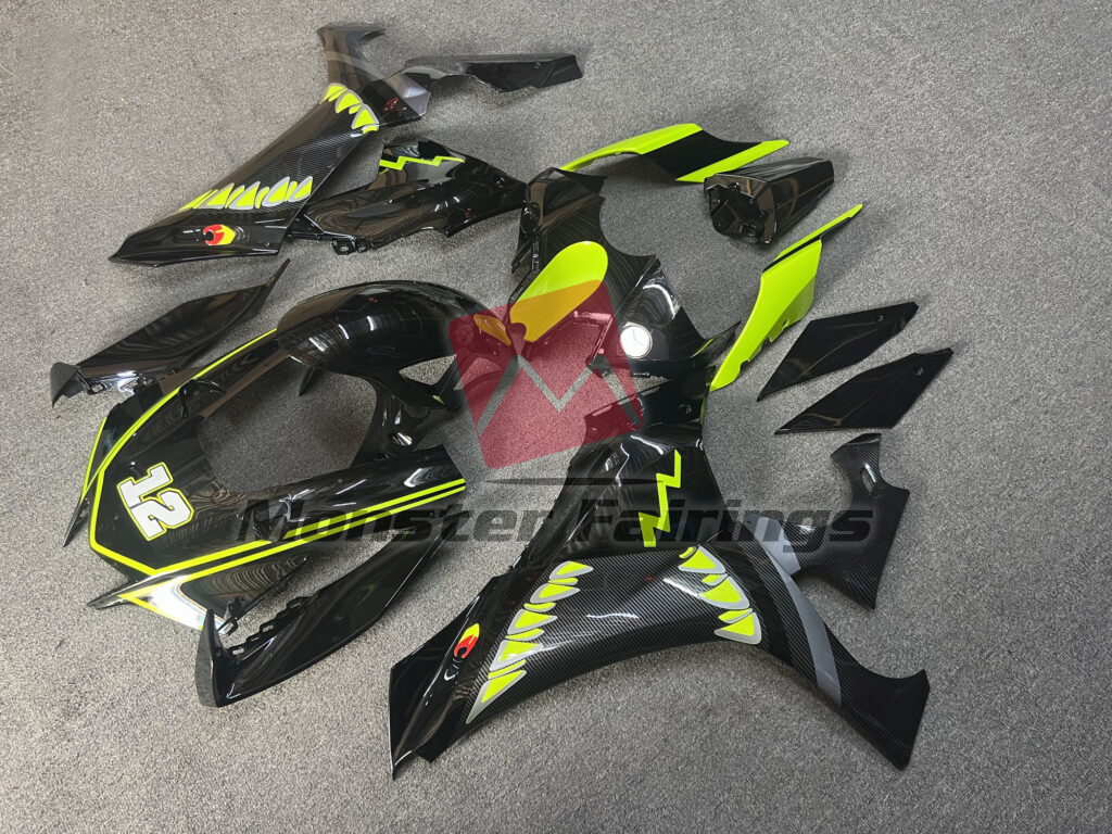 Yamaha R1 custom ABS fairings 2020 - 2025 in Gloss Black & High Vis Yellow With Carbon Fiber Style Shark - durable replacement kit, Monster Fairings