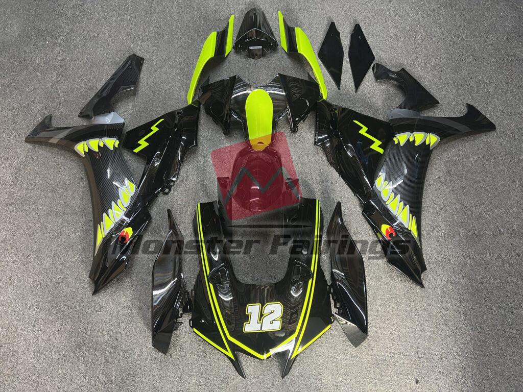 Yamaha R1 2020 - 2025 Gloss Black & High Vis Yellow With Carbon Fiber Style Shark ABS fairings - custom motorcycle bodywork kit by Monster Fairings