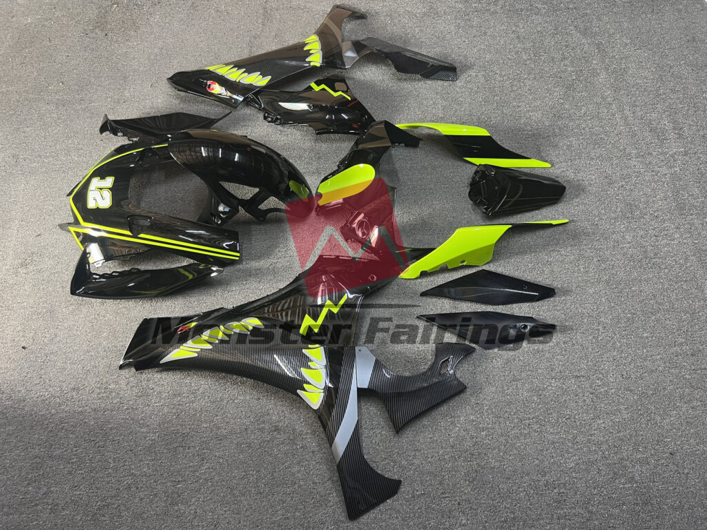 Monster Fairings ABS fairing kit for Yamaha R1 2020 - 2025 - Gloss Black & High Vis Yellow With Carbon Fiber Style Shark, precise OEM fit