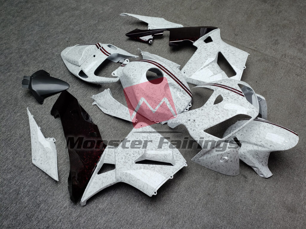 Honda CBR600RR custom ABS fairings 2005 - 2006 in Gloss White & Red Forged Carbon Fiber Style - durable replacement kit, Monster Fairings