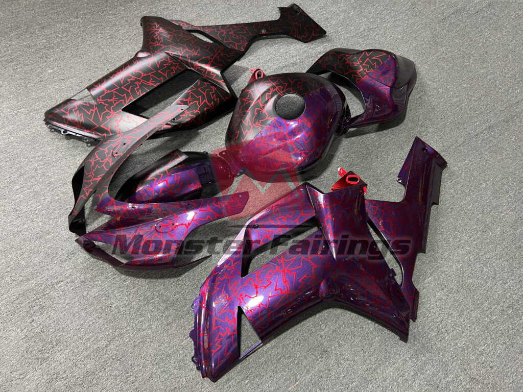 Kawasaki ZX6R custom ABS fairings 2007 - 2008 in Gloss Purple & Matte Black With Red Cracked Pattern Split - durable replacement kit, Monster Fairings
