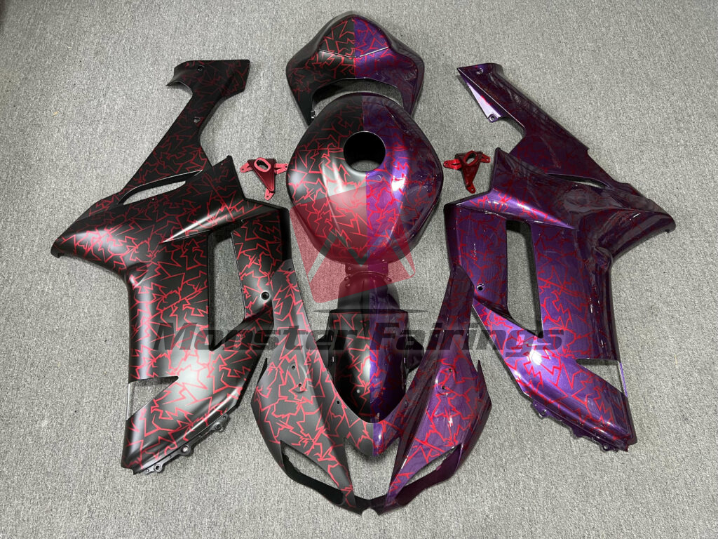 Kawasaki ZX6R 2007 - 2008 Gloss Purple & Matte Black With Red Cracked Pattern Split ABS fairings - custom motorcycle bodywork kit by Monster Fairings