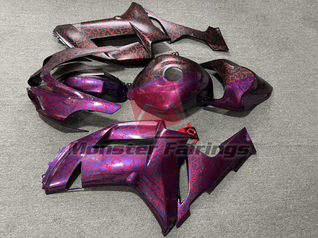 2007 - 2008 Kawasaki ZX6R Gloss Purple & Matte Black With Red Cracked Pattern Split fairing set - ABS injection, custom painted by Monster Fairings