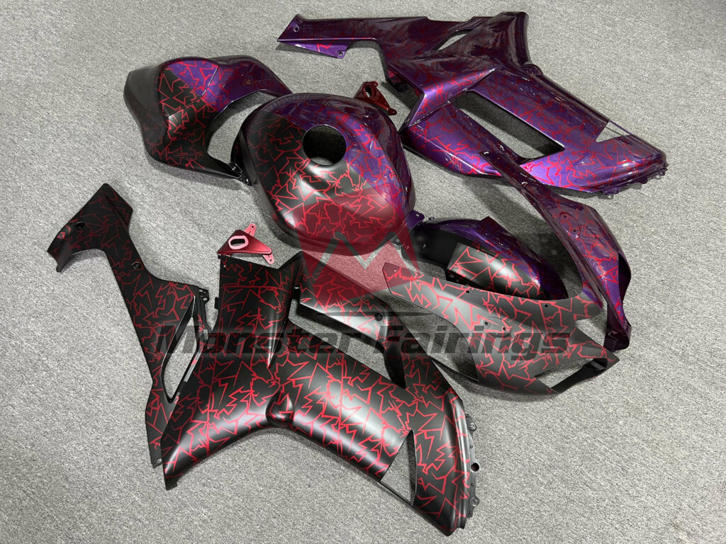 Gloss Purple & Matte Black With Red Cracked Pattern Split ABS fairings for Kawasaki ZX6R 2007 - 2008 - premium OEM fit kit by Monster Fairings