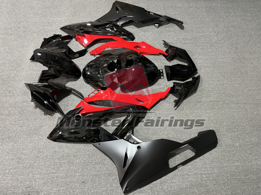 2015 - 2016 BMW S1000RR Gloss & Matte Black With Red fairing set - ABS injection, custom painted by Monster Fairings