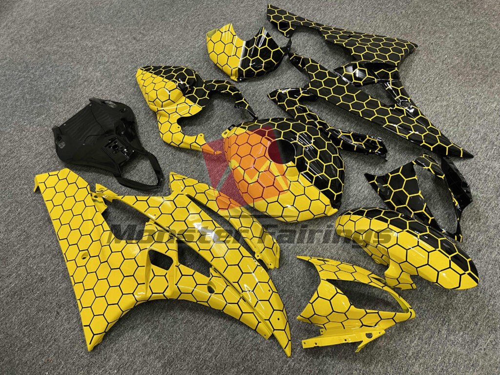 Gloss Yellow & Black Honeycomb Pattern Split ABS fairings for Yamaha R6 2006 - 2007 - premium OEM fit kit by Monster Fairings