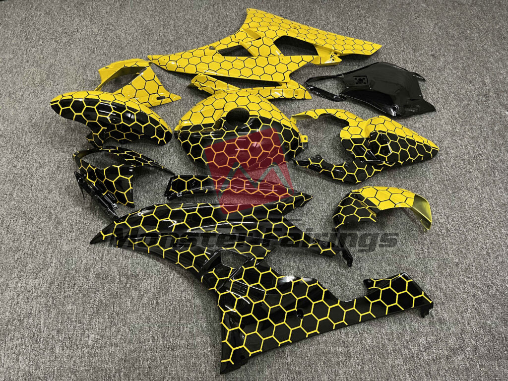 2006 - 2007 Yamaha R6 Gloss Yellow & Black Honeycomb Pattern Split fairing set - ABS injection, custom painted by Monster Fairings