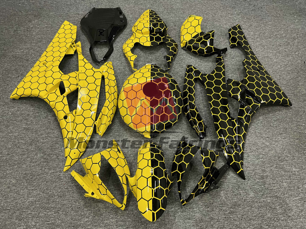 Yamaha R6 2006 - 2007 Gloss Yellow & Black Honeycomb Pattern Split ABS fairings - custom motorcycle bodywork kit by Monster Fairings