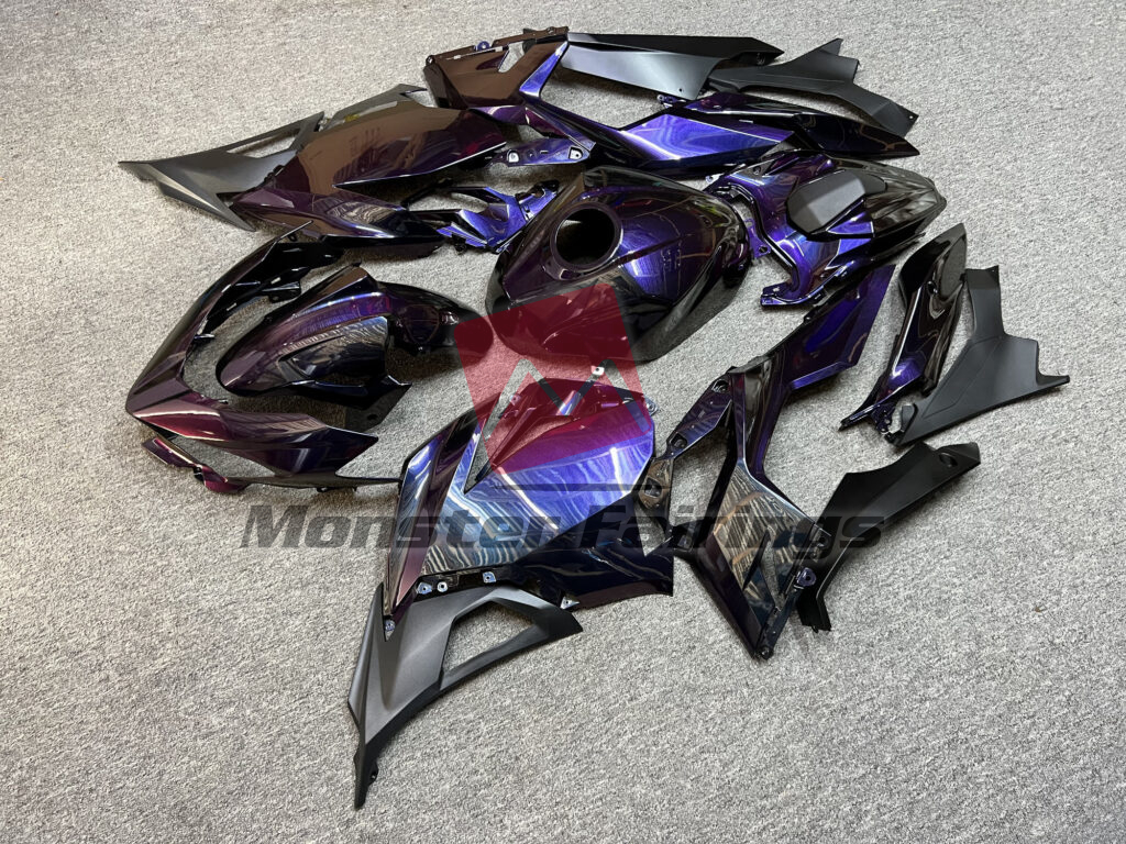 Gloss Purple Chameleon & Matte Black ABS fairings for Kawasaki Ninja 400 2018 - 2024 - premium OEM fit kit by Monster Fairings