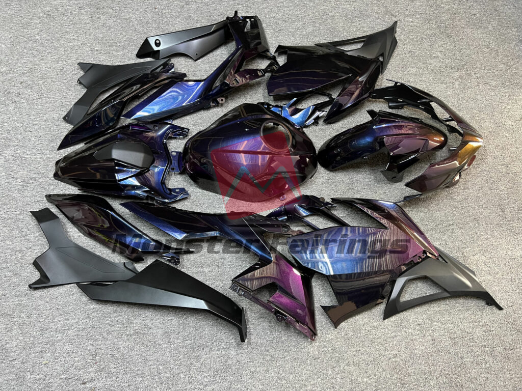 2018 - 2024 Kawasaki Ninja 400 Gloss Purple Chameleon & Matte Black fairing set - ABS injection, custom painted by Monster Fairings