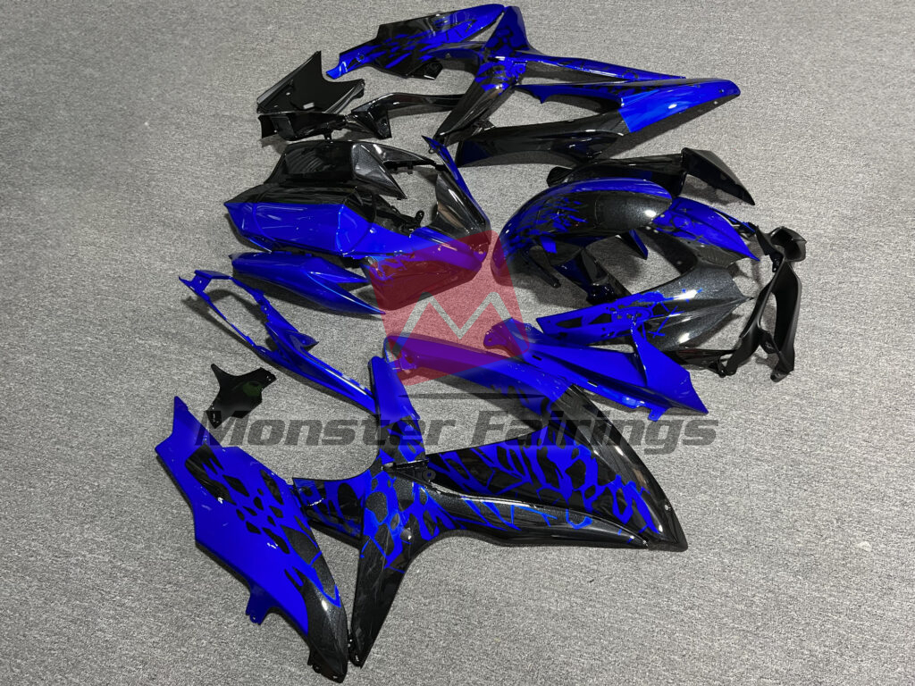 Suzuki GSXR 600 - 750 custom ABS fairings 2008 - 2010 in Gloss Black & Candy Blue Shattered Split - durable replacement kit, Monster Fairings