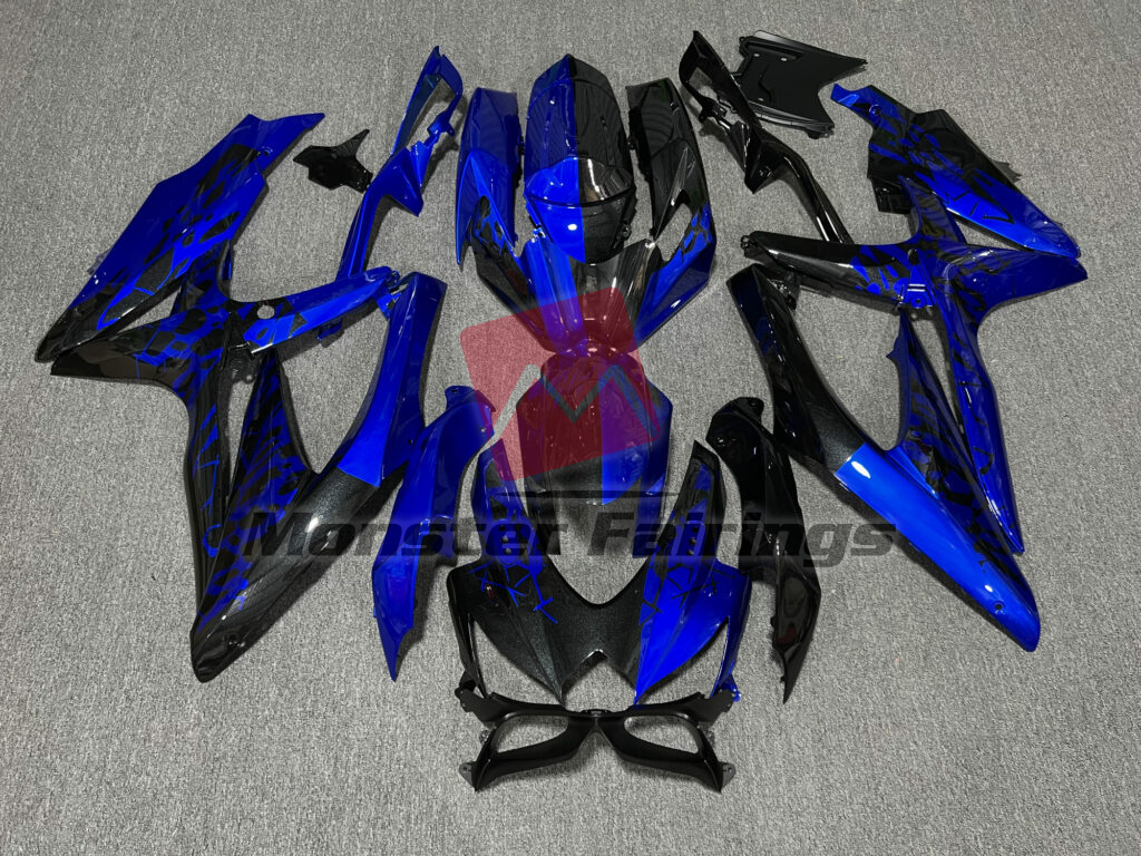 Suzuki GSXR 600 - 750 2008 - 2010 Gloss Black & Candy Blue Shattered Split ABS fairings - custom motorcycle bodywork kit by Monster Fairings