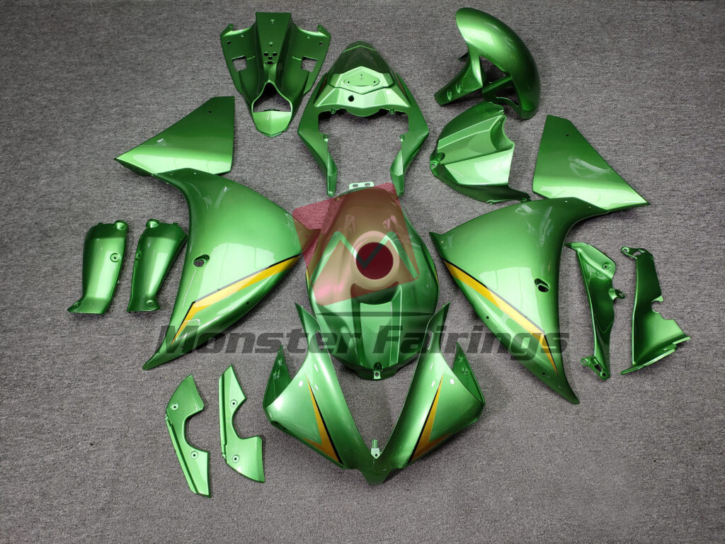 Yamaha R1 2012 - 2014 Gloss Bright Green With Gold ABS fairings - custom motorcycle bodywork kit by Monster Fairings