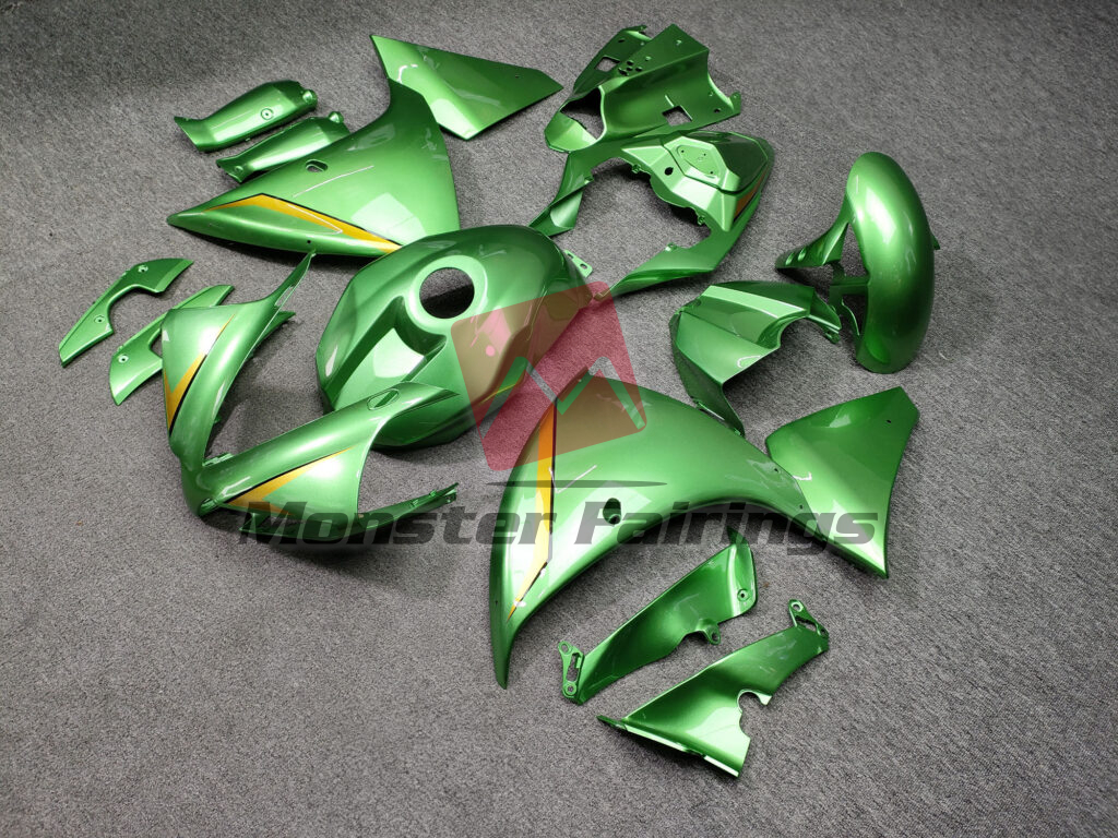 Yamaha R1 custom ABS fairings 2012 - 2014 in Gloss Bright Green With Gold - durable replacement kit, Monster Fairings