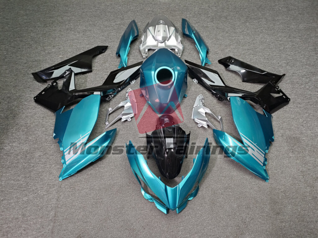 Kawasaki Ninja 400 2018 - 2024 Gloss Dark Aqua & Black With Silver ABS fairings - custom motorcycle bodywork kit by Monster Fairings