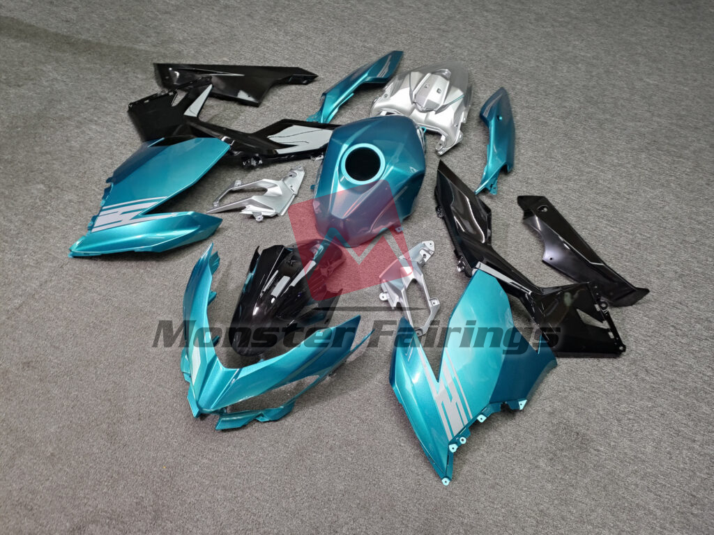 Kawasaki Ninja 400 custom ABS fairings 2018 - 2024 in Gloss Dark Aqua & Black With Silver - durable replacement kit, Monster Fairings