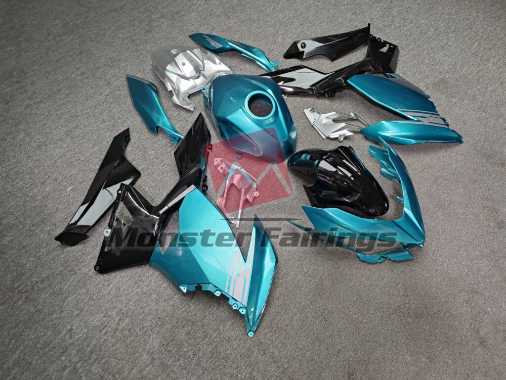 Gloss Dark Aqua & Black With Silver ABS fairings for Kawasaki Ninja 400 2018 - 2024 - premium OEM fit kit by Monster Fairings
