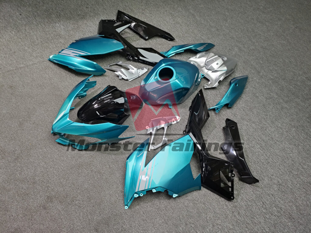 2018 - 2024 Kawasaki Ninja 400 Gloss Dark Aqua & Black With Silver fairing set - ABS injection, custom painted by Monster Fairings