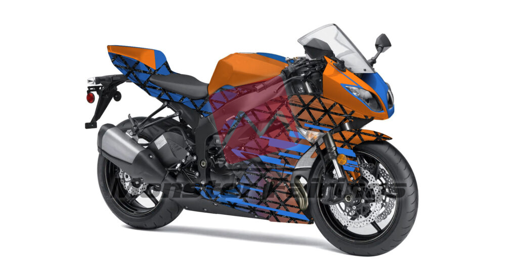 Gloss Blue & Orange With Forged Carbon Fiber Style Pattern Split ABS fairings for Kawasaki ZX6R 2009 - 2012 - premium OEM fit kit by Monster Fairings
