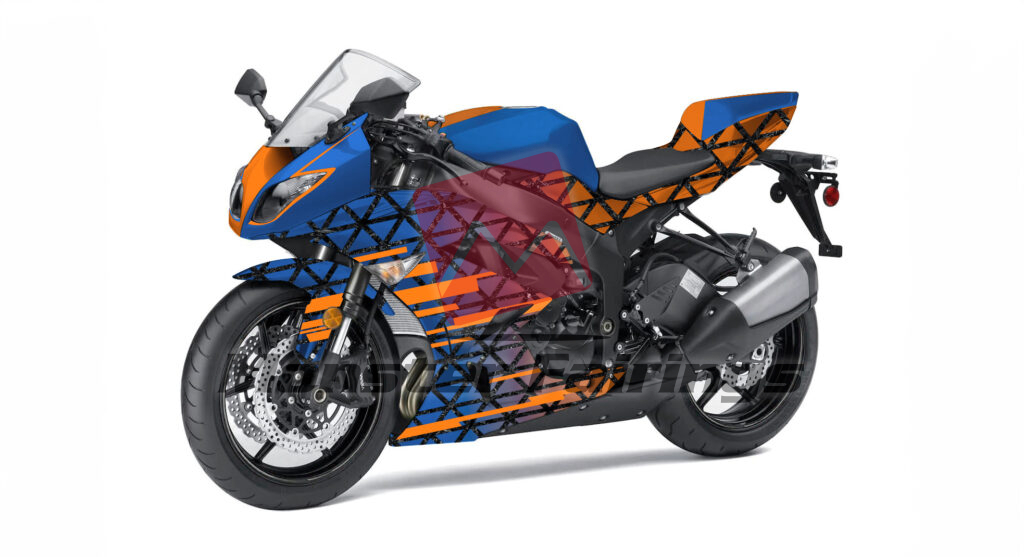 Kawasaki ZX6R custom ABS fairings 2009 - 2012 in Gloss Blue & Orange With Forged Carbon Fiber Style Pattern Split - durable replacement kit, Monster Fairings
